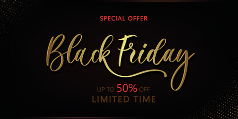 Black Friday Sale. Banner, poster, logo golden color on dark background.