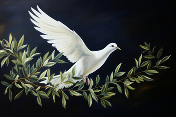 A peace dove carrying an olive branch as a sign of peace - obrazy, fototapety, plakaty