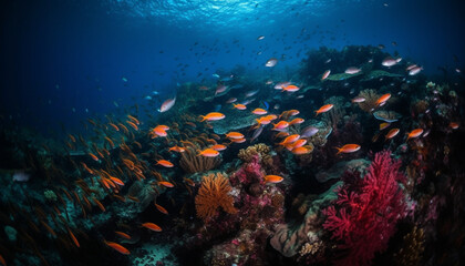 Naklejka na ściany i meble Multi colored school of fish swim in tropical reef paradise