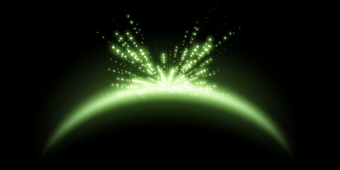 Green magic arch with glowing particles, sunlight lens flare. Neon realistic energy flare arch. Abstract light effect on a black background. Vector illustration. - obrazy, fototapety, plakaty