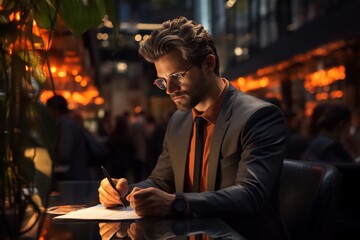 Businessman en réunion, homme d'affaires sérieux et concentré lors d'un entretien, portant des lunettes et bien coiffé, habillé d'un costume de costard 