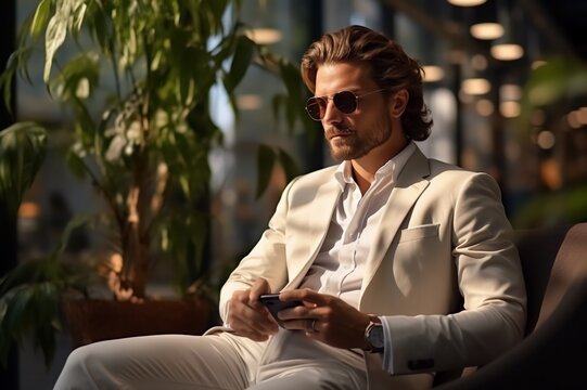 Homme d'affaires sur le t&eacute;l&eacute;phone passant un appel de travail, businessman en costume bien habill&eacute;, personne portant des lunettes, attitude s&eacute;rieux et concentr&eacute;