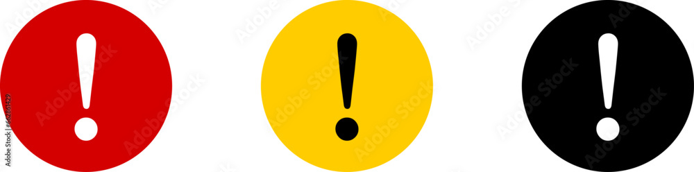 Poster red yellow black and white round circle warning or attention caution sign with exclamation mark flat