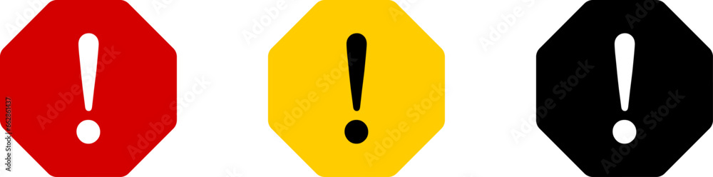 Poster red yellow black and white octagonal warning or attention caution sign with exclamation mark flat ic