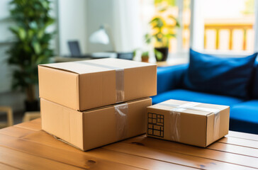 Parcels piled on table. Lounge area in background. Delivery concept.