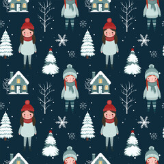 Winter seamless pattern with girls, house, snowy trees. Christmas vector pattern. Winter background design.