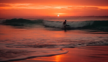 Fototapeta premium One person surfing on a wave at dusk, back lit