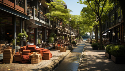 Fototapeta premium City street, crowded with people walking, old buildings, and nature generated by AI