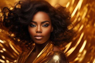 African American woman in gold dress on golden sparkling background.	