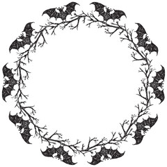 Circle frame from drawn bats on tree branches in Halloween