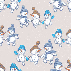 Seamless background of drawn cheerful snowmen friends