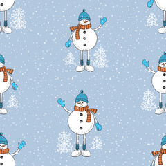 Seamless pattern of cartoon cheerful christmas snowmen with frozen fir trees