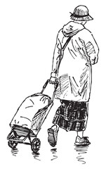 Sketch of casual woman in hat with luggage going on trip