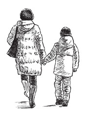 Sketch of casual city woman with her son walking outdoors together