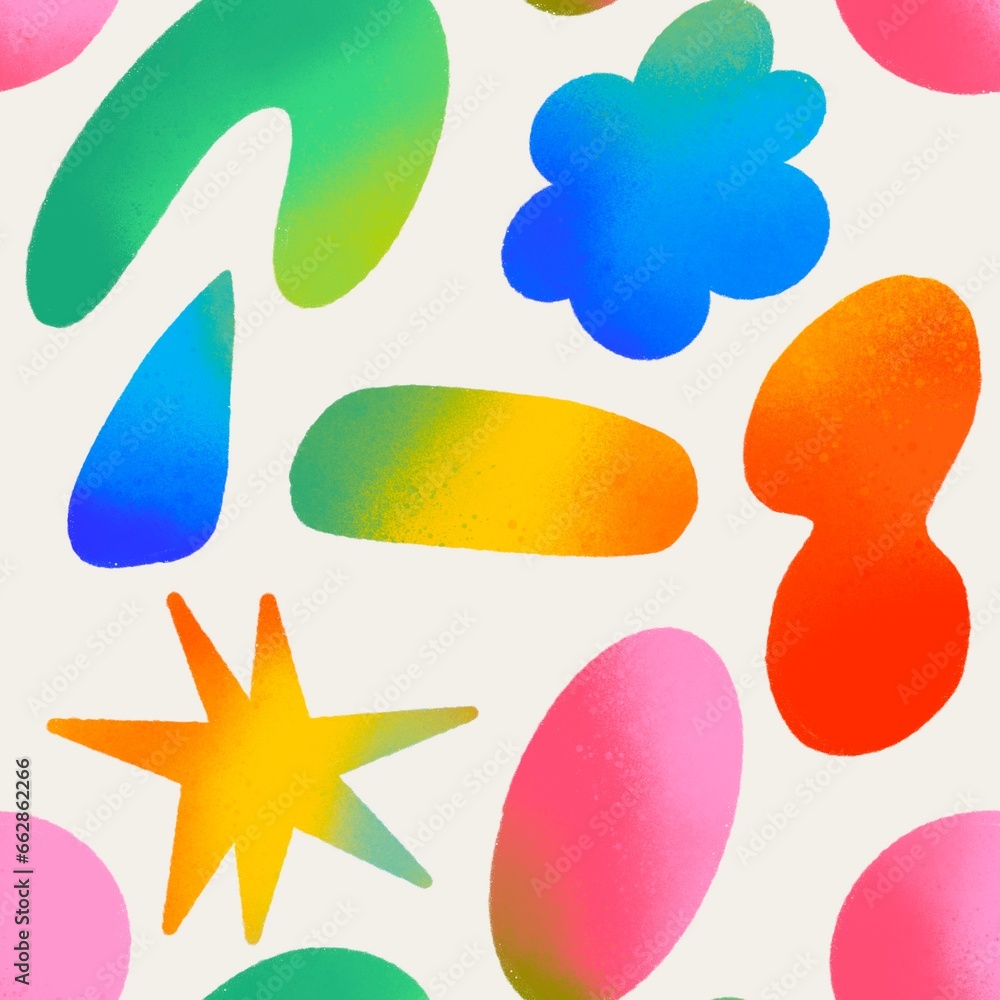 Poster various bright doodle shapes and objects. gradient texture. abstract, quirky style. hand drawn illus