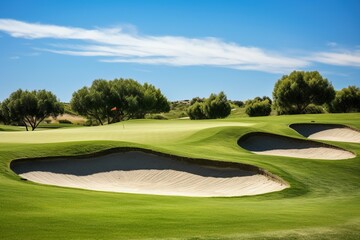 Obraz premium Beautiful golf course with sand bunkers.