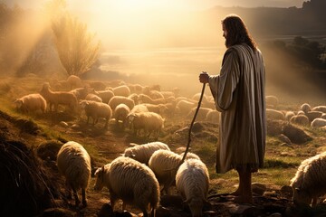 Shepherd Jesus Christ leading sheep in a field.