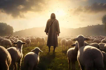 Fotobehang Shepherd Jesus Christ leading sheep in a field. © Bargais