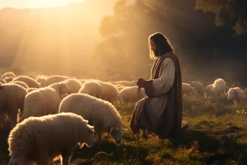 Tuinposter Shepherd Jesus Christ leading sheep in a field. © Bargais