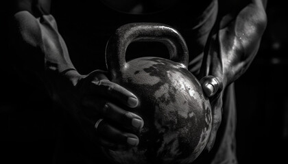Fototapeta na wymiar Muscular adults lifting heavy spheres in black and white portrait