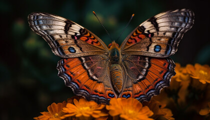 Vibrant multi colored butterfly wing showcases beauty in nature fragility