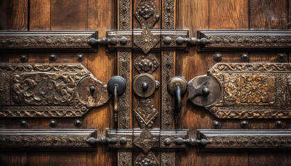 Ornate antique doorknob on old wooden door with brass handle