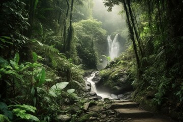 Waterfall flowing through lush jungle landscape. Generative AI