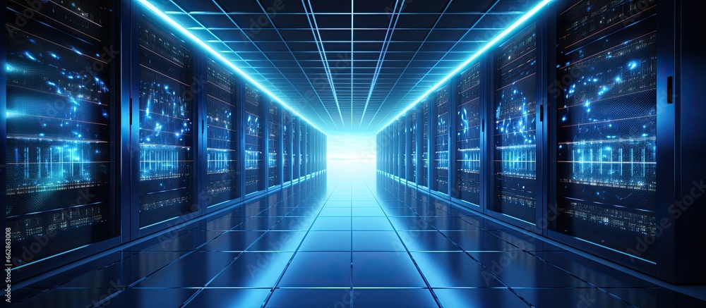 Poster data center with racks of servers and supercomputers internet projection with copyspace for text