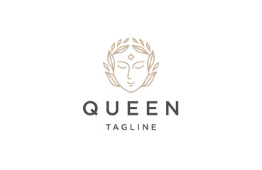 Beauty queen with crown line art logo design template