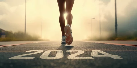 Foto op Plexiglas New year 2024 or start straight concept,  word 2024 written on the asphalt road and athlete woman running preparing for new year at sunset, goals and plans for the next year, generative ai © OP38Studio