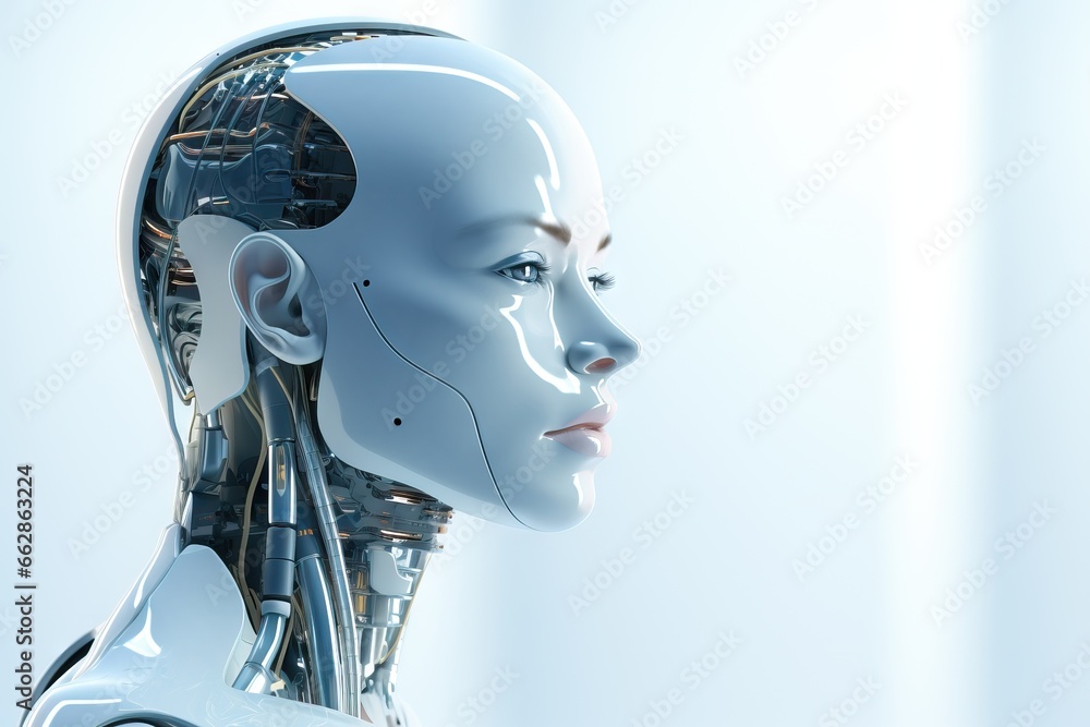 Poster white robot woman on blurred background. futuristic digital technology. artificial intelligence and 