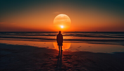 Serene people standing in solitude, looking at orange sunset reflection