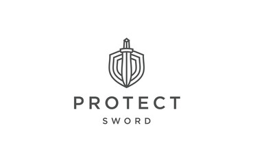 Protect shield sword with line art style logo icon design template - obrazy, fototapety, plakaty