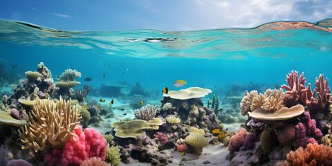 Fototapeta na wymiar coraux multicolores dans un mer transparente et turquoise