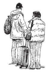Fototapeta na wymiar Sketch of tourists couple with suitcase standing outdoors in wait