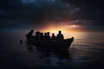 Fototapeta Refugees in a boat at night. obraz