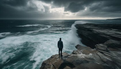 One person standing on cliff, admiring mountain peak and seascape
