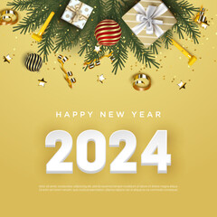 Happy New Year 2024. festive realistic decoration. Celebrate party with 3d number 2024 on square background
