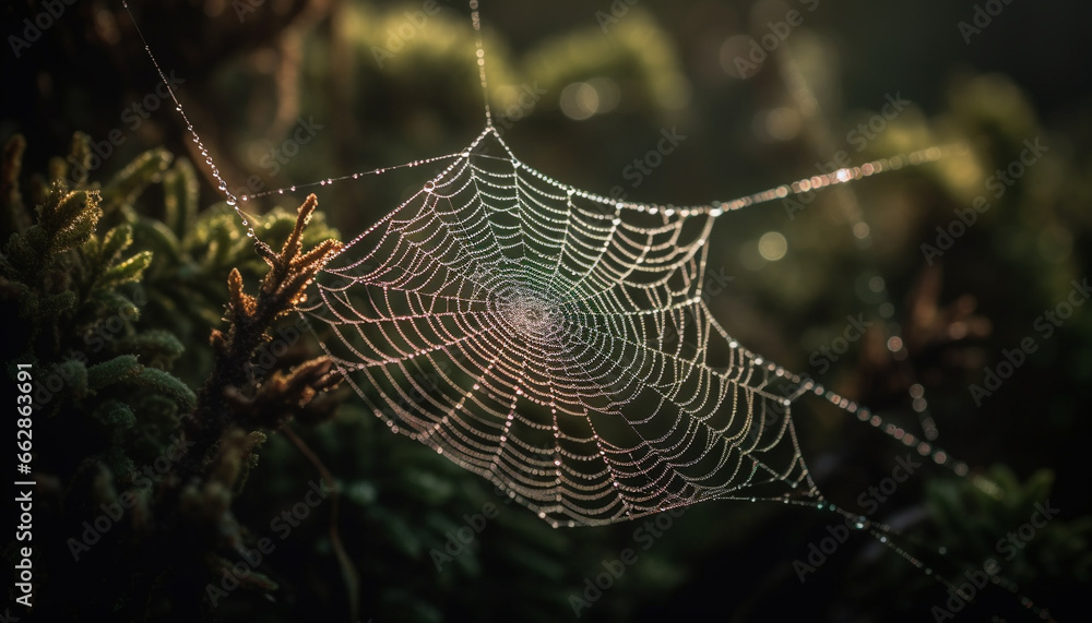 Poster spider web dew drop close up in autumn forest macro shot