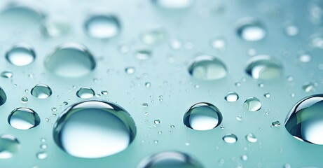 Macro oil drop floating on water surface. Abstract green water bubbles background. Cosmetic liquid beauty product. Colorful artistic backdrop