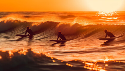 Silhouettes balance on surfboards, paddling towards the sunset in Maui