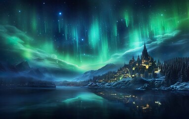 Aurora winter night with a castle and its reflection - obrazy, fototapety, plakaty