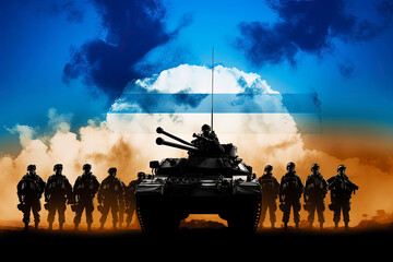silhouettes of Israeli soldiers with military equipment - obrazy, fototapety, plakaty