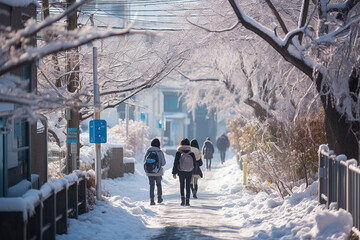 group of students walking on winter seasonal to school - obrazy, fototapety, plakaty