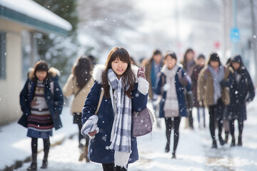 Obraz premium asian teenage woman walking to school on winter season