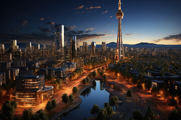 Fototapeta premium Illustration of a luxury residential tower surrounded by a bustling cityscape, representing a futuristic metropolis and upscale living. Generative Ai.