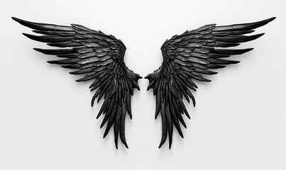 Black devil sinister wings template. Evil 3d wing of fallen angel with realistic feathers and mythical flying bird in free flight - obrazy, fototapety, plakaty