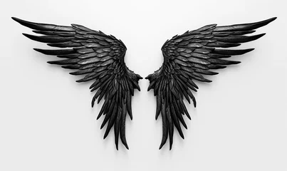 Fotobehang Black devil sinister wings template. Evil 3d wing of fallen angel with realistic feathers and mythical flying bird in free flight © Kyryl