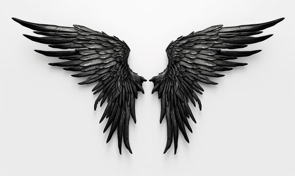 Black devil sinister wings template. Evil 3d wing of fallen angel with realistic feathers and mythical flying bird in free flight
