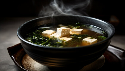 Steamed tofu bowl, a healthy vegetarian meal with fresh wakame generated by AI